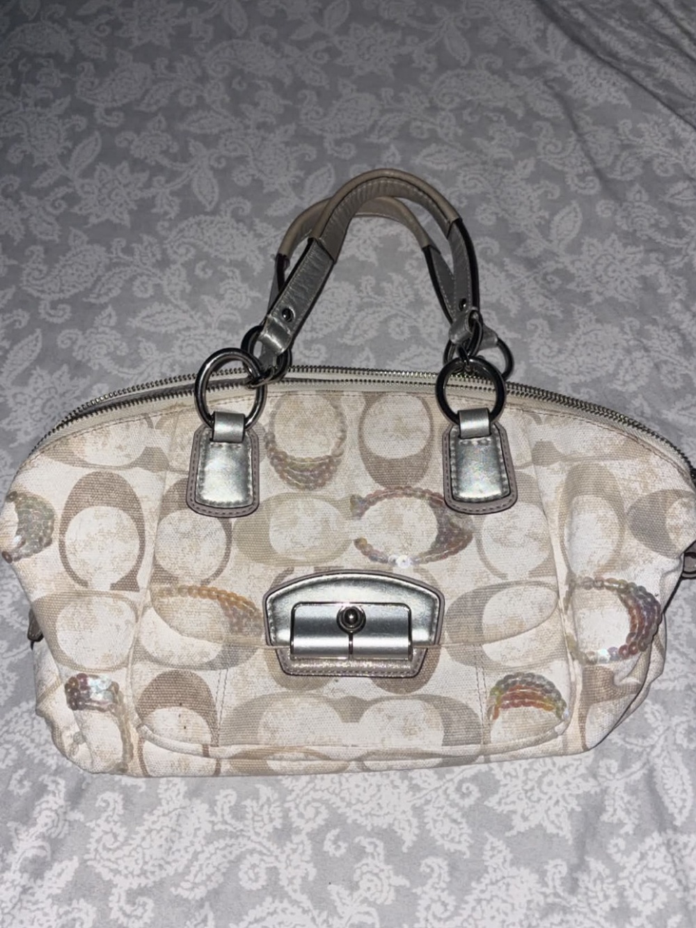 Coach Signature Canvas Satchel in Light Beige with Silver Hardware